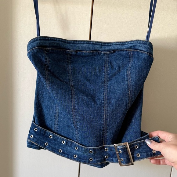 Silence+Noise Mia Belted Buckle Denim Tube Top Urban Outfitters Size Small Y2K - Picture 6 of 12